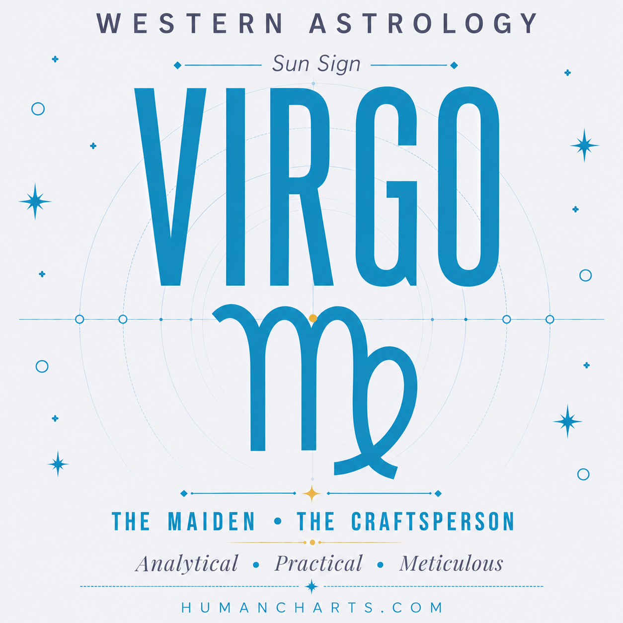 Visual representation of the Virgo Sun Sign, the Maiden, a mutable earth sign ruled by Mercury, dates August 23 to September 22.