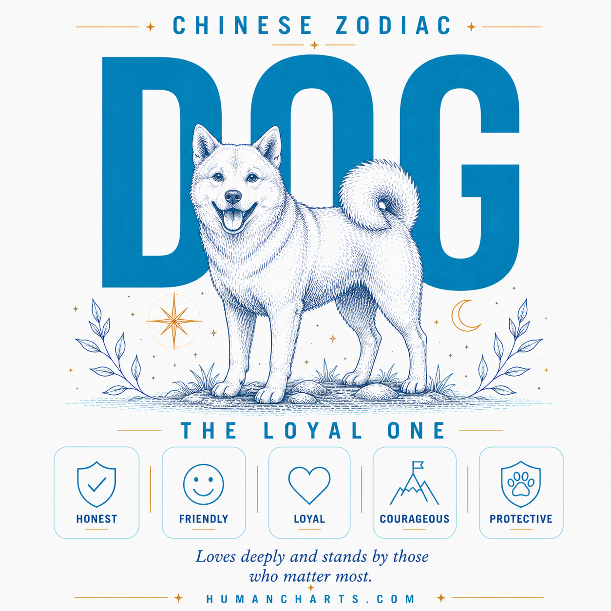Visual representation of the Dog Chinese Zodiac — the Loyal One — eleventh animal in the Chinese zodiac, fixed element Earth, Yang, honest and protective.