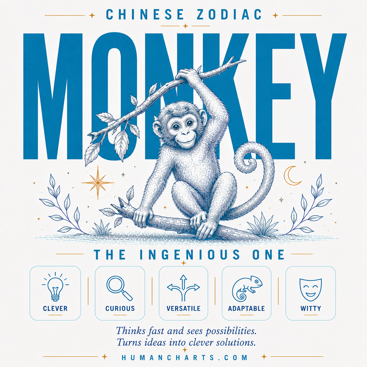 Visual representation of the Monkey Chinese Zodiac — the Clever One — ninth animal in the Chinese zodiac, fixed element Metal, Yang, curious and inventive.