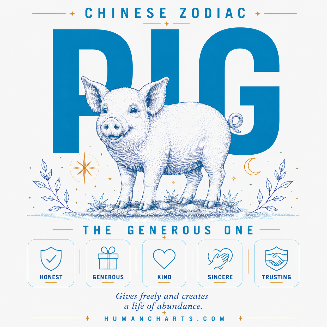 Visual representation of the Pig Chinese Zodiac — the Generous One — twelfth animal in the Chinese zodiac, fixed element Water, Yin, generous and honest.