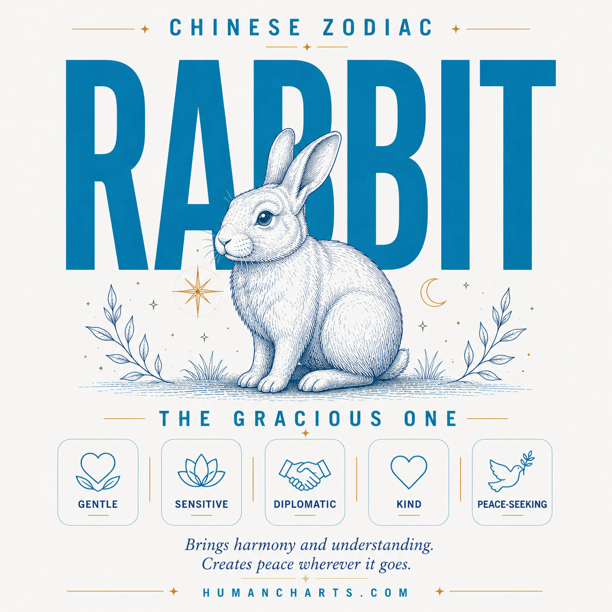 Visual representation of the Rabbit Chinese Zodiac — the Gentle One — fourth animal in the Chinese zodiac, fixed element Wood, Yin, refined and intuitive.