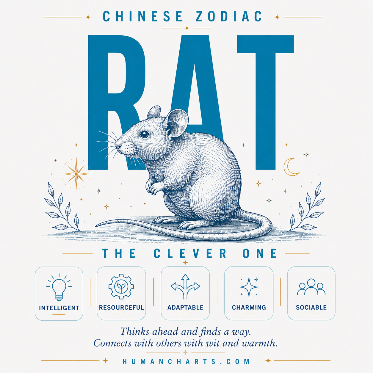 Visual representation of the Rat Chinese Zodiac — the Resourceful One — first animal in the Chinese zodiac, fixed element Water, Yang, intelligent and adaptable.