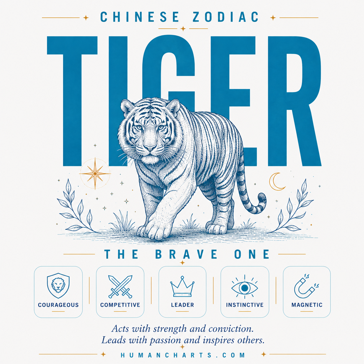 Visual representation of the Tiger Chinese Zodiac — the Brave One — third animal in the Chinese zodiac, fixed element Wood, Yang, courageous and magnetic.