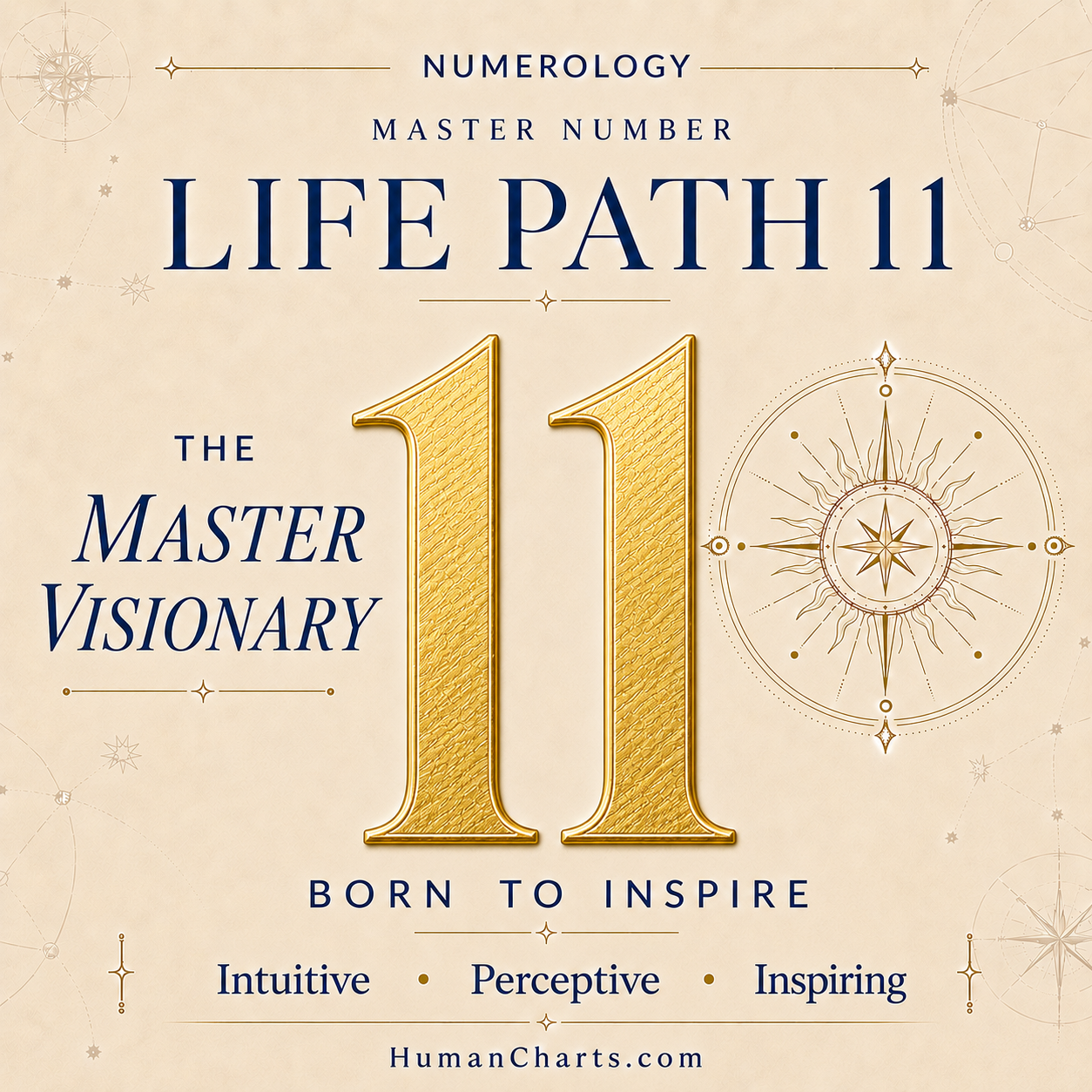 Visual representation of Life Path 11 in Numerology — the Master Visionary — vision, intuition, structural sight, channeling, sensitivity.