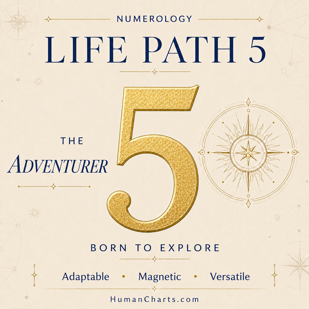 Visual representation of Life Path 5 in Numerology — the Path of the Adventurer — freedom, change, sensory experience, versatility.