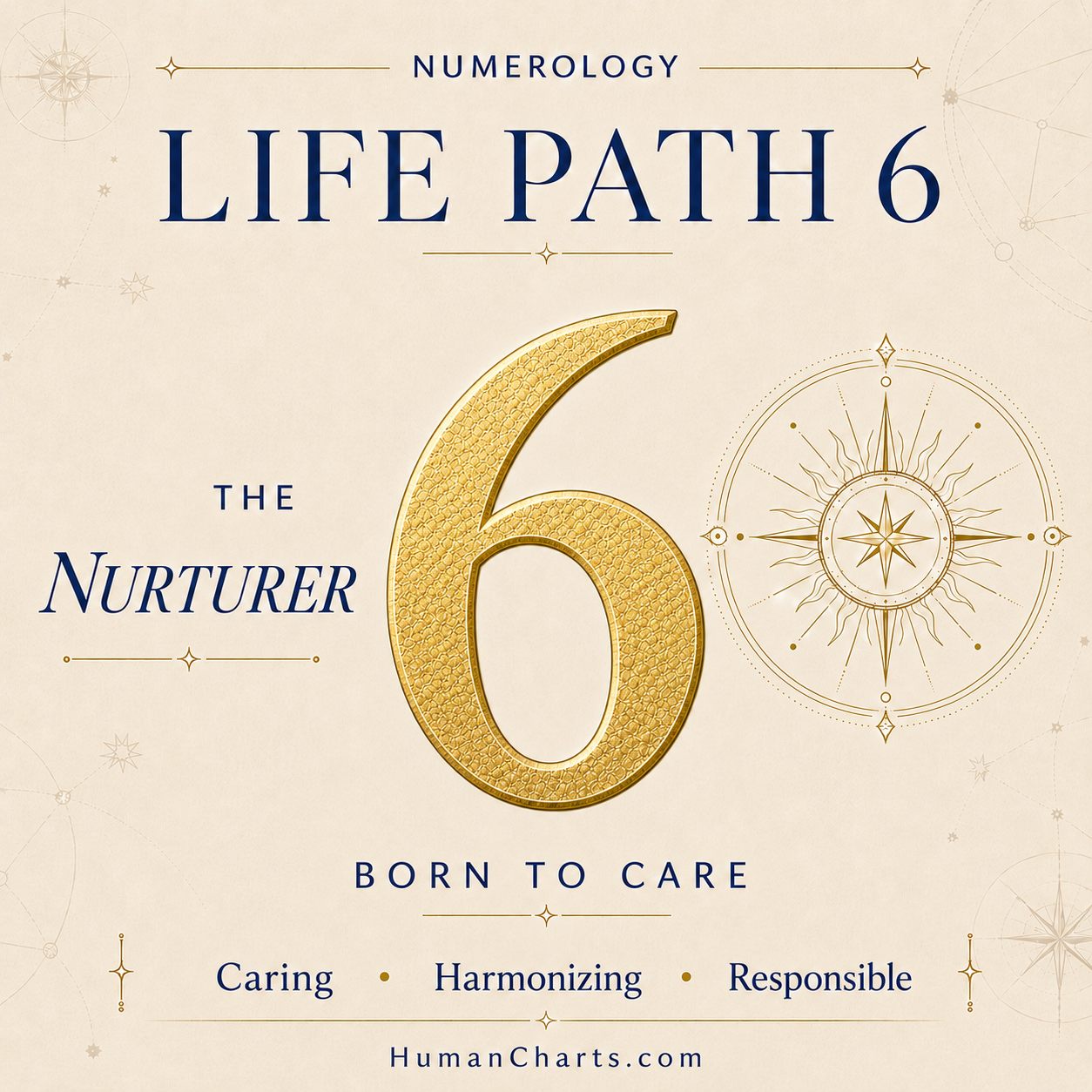 Visual representation of Life Path 6 in Numerology — the Path of the Nurturer — service, responsibility, family, beauty, harmony.