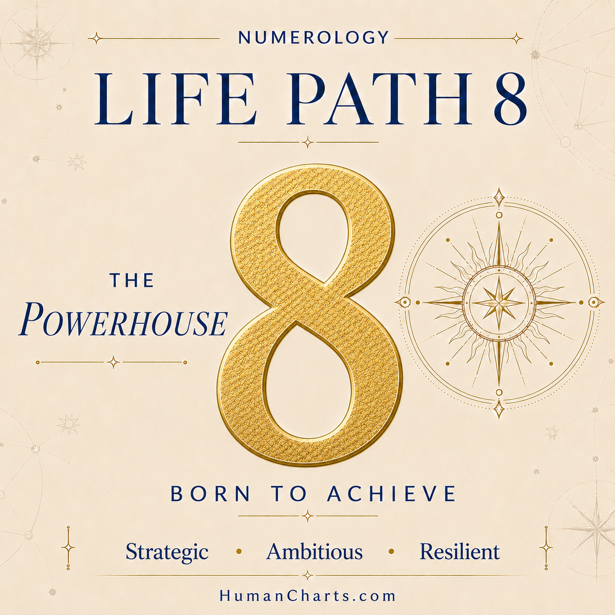 Visual representation of Life Path 8 in Numerology — the Path of the Powerhouse — authority, material mastery, executive power, scale.
