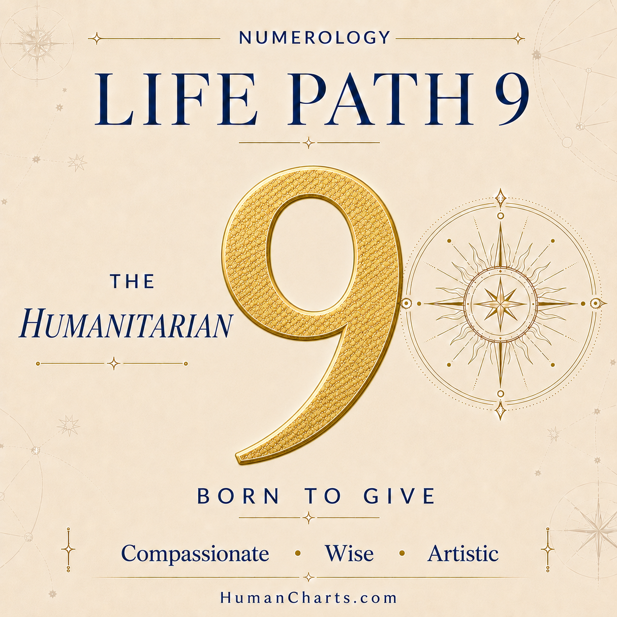 Visual representation of Life Path 9 in Numerology — the Path of the Humanitarian and the Artist — service, art, wisdom, completion.