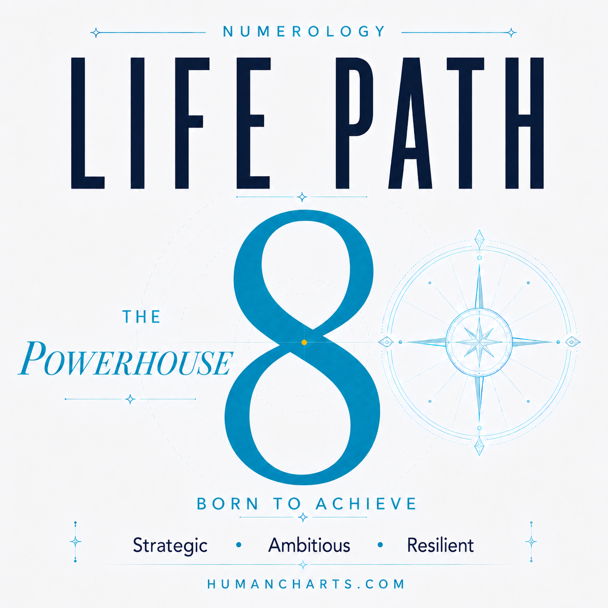 Visual representation of Life Path 8 in Numerology — the Path of the Powerhouse — authority, material mastery, executive power, scale.