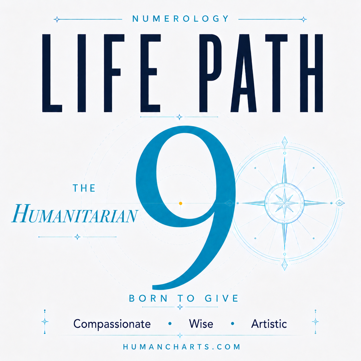 Visual representation of Life Path 9 in Numerology — the Path of the Humanitarian and the Artist — service, art, wisdom, completion.